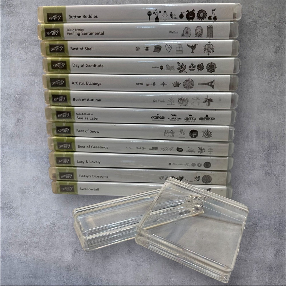 Lot of 12 Unused Stampin Up! Clear Stamp Sets + 2 Acrylic Blocks
